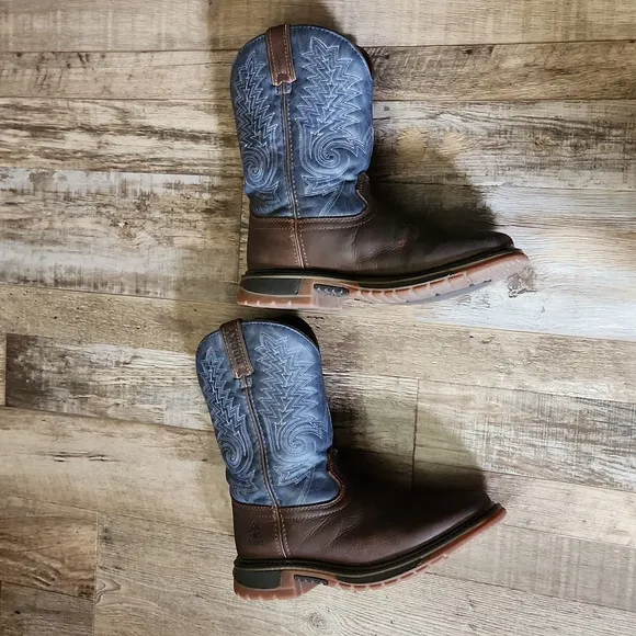 Rocky Western Cowboy Boots Kids Size 4M Brown &amp; Denim Leather Square Toe Ranch