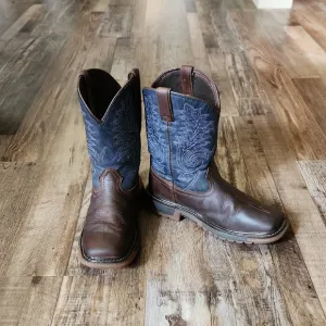 Rocky Western Cowboy Boots Kids Size 4M Brown &amp; Denim Leather Square Toe Ranch