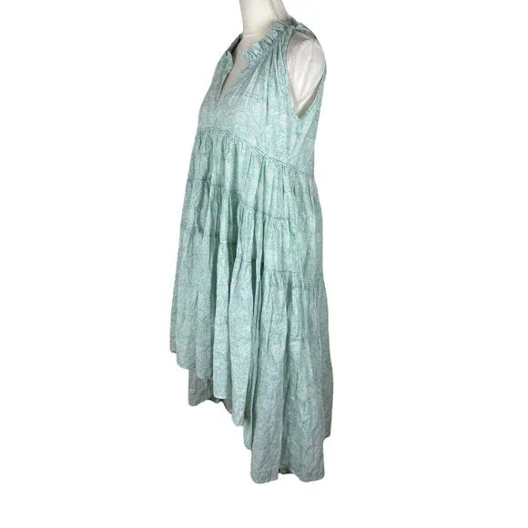 Ro's Garden Sasha Midi Dress Green Floral Tiered Ruffle Hi Low Hem Size XS