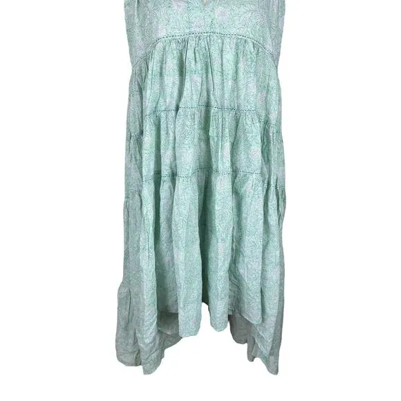 Ro's Garden Sasha Midi Dress Green Floral Tiered Ruffle Hi Low Hem Size XS