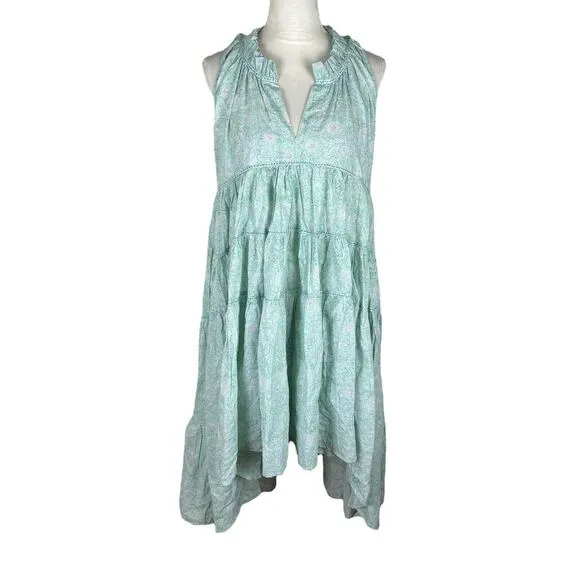 Ro's Garden Sasha Midi Dress Green Floral Tiered Ruffle Hi Low Hem Size XS