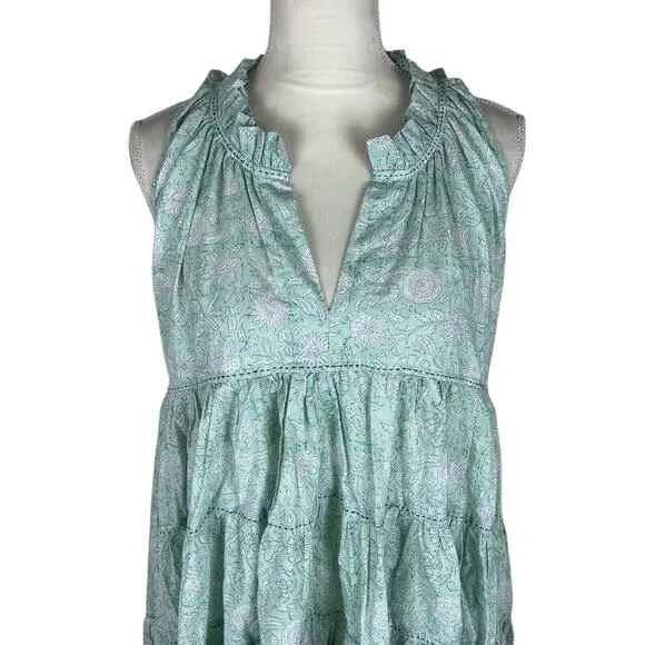 Ro's Garden Sasha Midi Dress Green Floral Tiered Ruffle Hi Low Hem Size XS