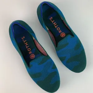 Rothy’s classic lounge loafer round toe teal green camo slip on shoes women’s 8