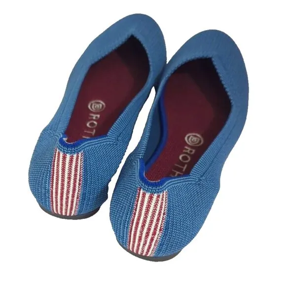 Rothys Round Toe Flat Shoe Limited Edition Blue Indigo Mini Stripe Size 8.5