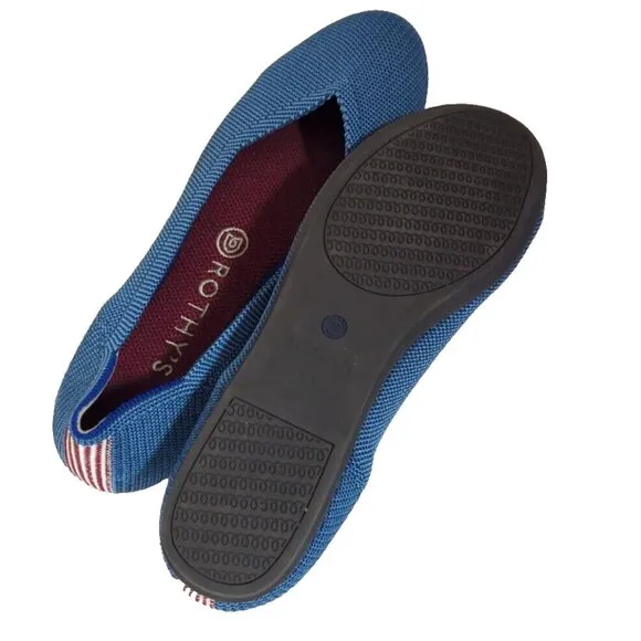 Rothys Round Toe Flat Shoe Limited Edition Blue Indigo Mini Stripe Size 8.5