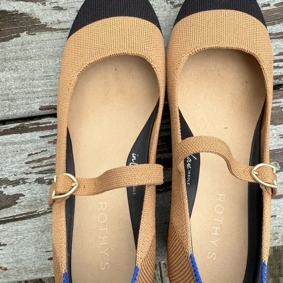Rothy's Tan and Black Mary Jane Heels, size 6.5
