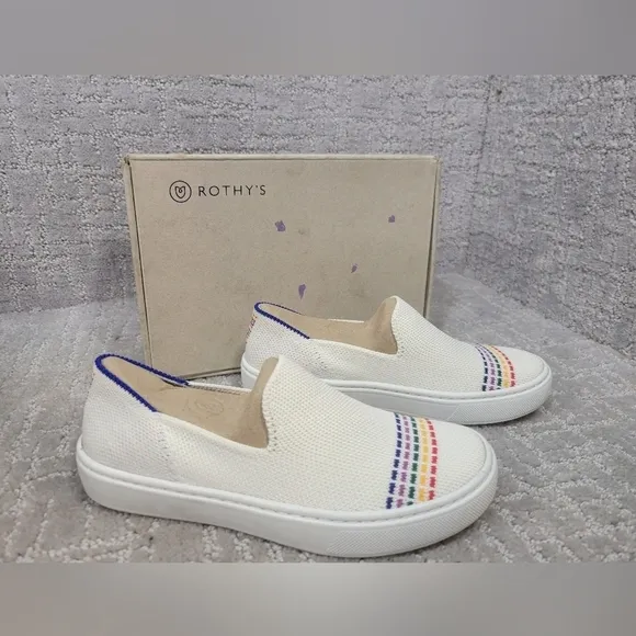 Rothy’s The Kids Unisex US 13 White Rainbow Round Toe Slip On Sneaker Shoes