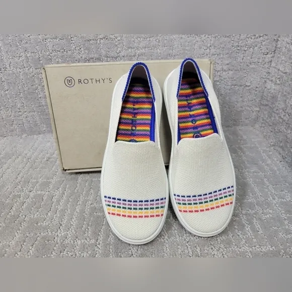 Rothy’s The Kids Unisex US 13 White Rainbow Round Toe Slip On Sneaker Shoes