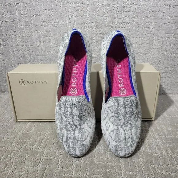 Rothys The Loafer Ivory Grey Snake Round Toe Slip on Shoes Womens Size 7.5, 8, 9