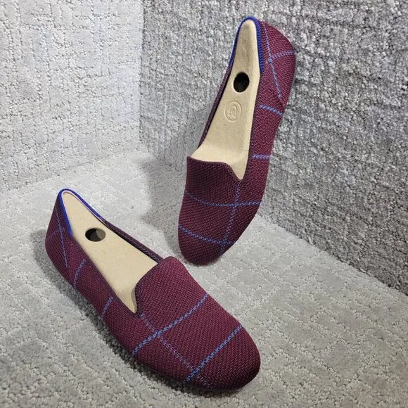 Rothy's The Loafer Women's Size US 5.5 Burgundy Grid Plaid Slip On Flat Shoes