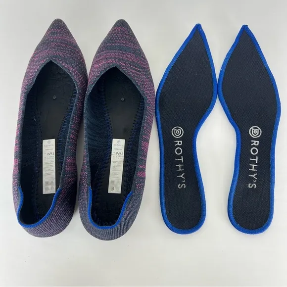 ROTHY’S The Point Magenta Heather Purple Blue Pointed Toe Slip On Flats Sz 9.5