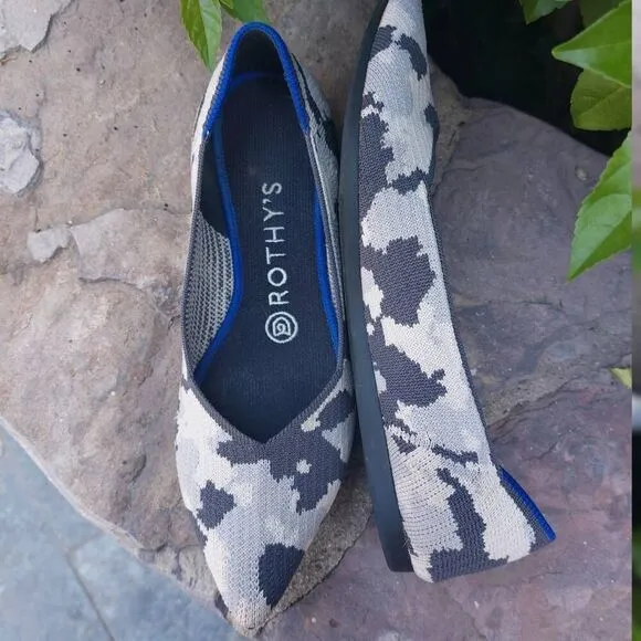 Rothy's Point Flat Ash Grey Camo 7.5 Sustainable Recycled Washable Retired