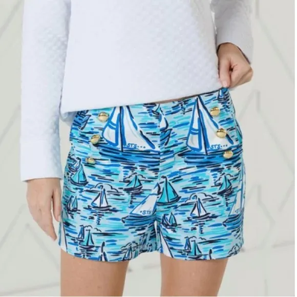 Sail to Sable STS Sail Boat Print Gold Button Shorts - M
