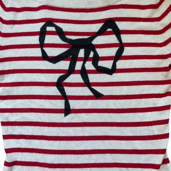 SAKS FIFTH AVENUE Stripe and Bow Pattern Cashmere Silk Knit Sweater M Boat Neck