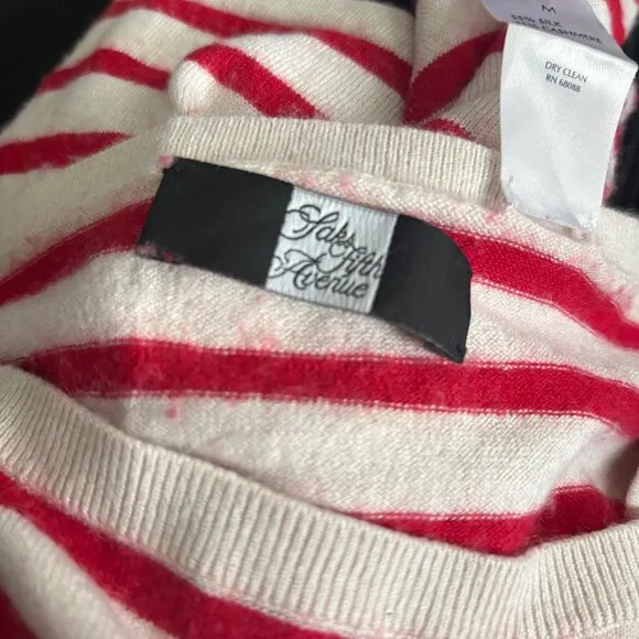 SAKS FIFTH AVENUE Stripe and Bow Pattern Cashmere Silk Knit Sweater M Boat Neck