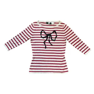 SAKS FIFTH AVENUE Stripe and Bow Pattern Cashmere Silk Knit Sweater M Boat Neck