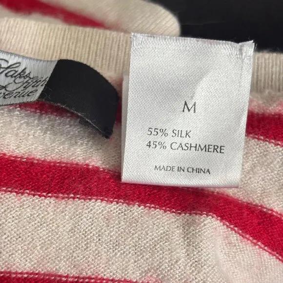 SAKS FIFTH AVENUE Stripe and Bow Pattern Cashmere Silk Knit Sweater M Boat Neck