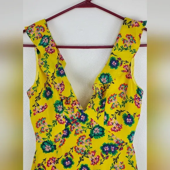 Saloni Women’s Holly Yellow Floral Silk Ruffle Midi Dress Floral Size 0