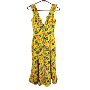 Saloni Women’s Holly Yellow Floral Silk Ruffle Midi Dress Floral Size 0