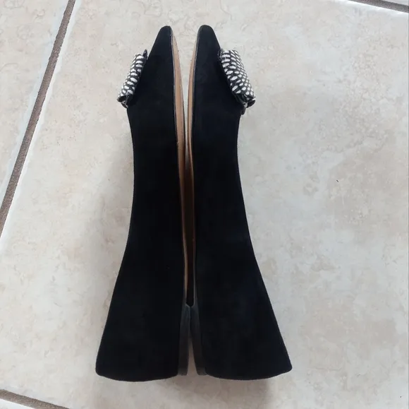 Salvatore Ferragamo Black Suede Pointed Toe Bow Snakeskin Flats 7.5US