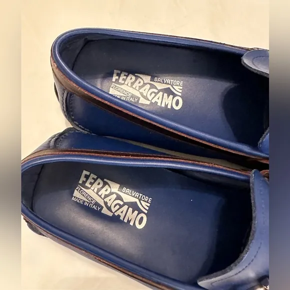 Salvatore Ferragamo Blue Leather Gancini Bit Slip On Loafers