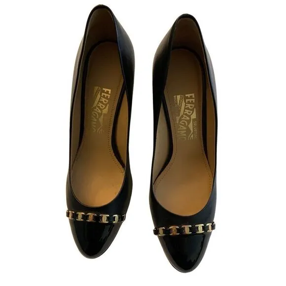 Salvatore Ferragamo Cap Toe Wedge Pumps Nana Chain black women's size 7