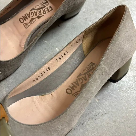 Salvatore Ferragamo Green and Gold Flats with Bow Detail