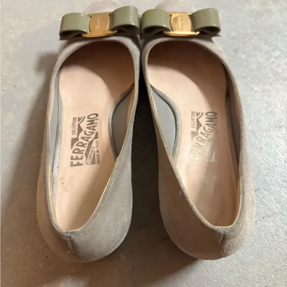 Salvatore Ferragamo Green and Gold Flats with Bow Detail