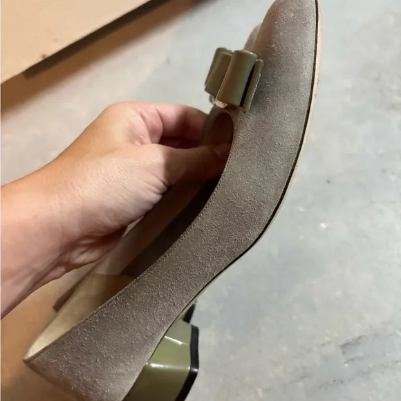 Salvatore Ferragamo Green and Gold Flats with Bow Detail