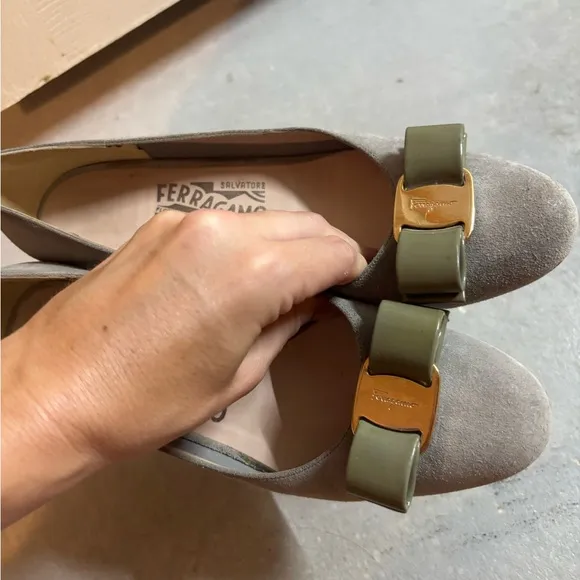 Salvatore Ferragamo Green and Gold Flats with Bow Detail