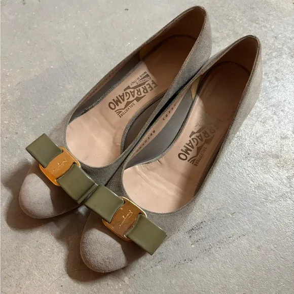 Salvatore Ferragamo Green and Gold Flats with Bow Detail