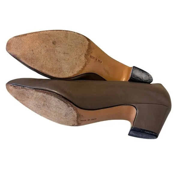 Salvatore Ferragamo Shoes Gold Beaded Block Heel Pump Taupe Women Size 8