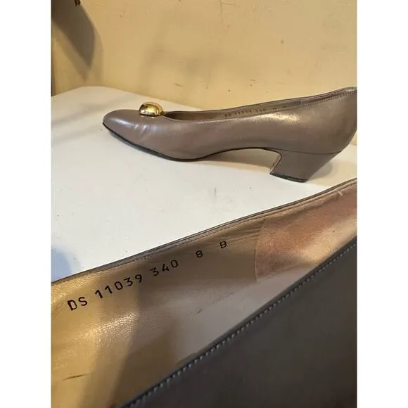 Salvatore Ferragamo Shoes Gold Beaded Block Heel Pump Taupe Women Size 8