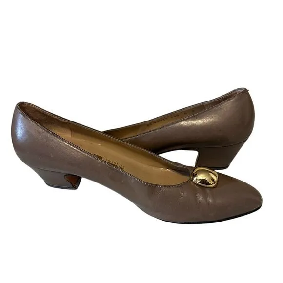 Salvatore Ferragamo Shoes Gold Beaded Block Heel Pump Taupe Women Size 8