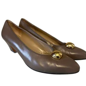 Salvatore Ferragamo Shoes Gold Beaded Block Heel Pump Taupe Women Size 8