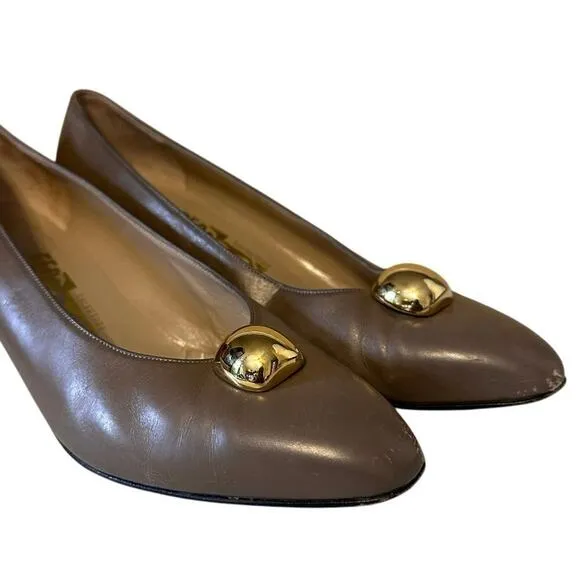 Salvatore Ferragamo Shoes Gold Beaded Block Heel Pump Taupe Women Size 8