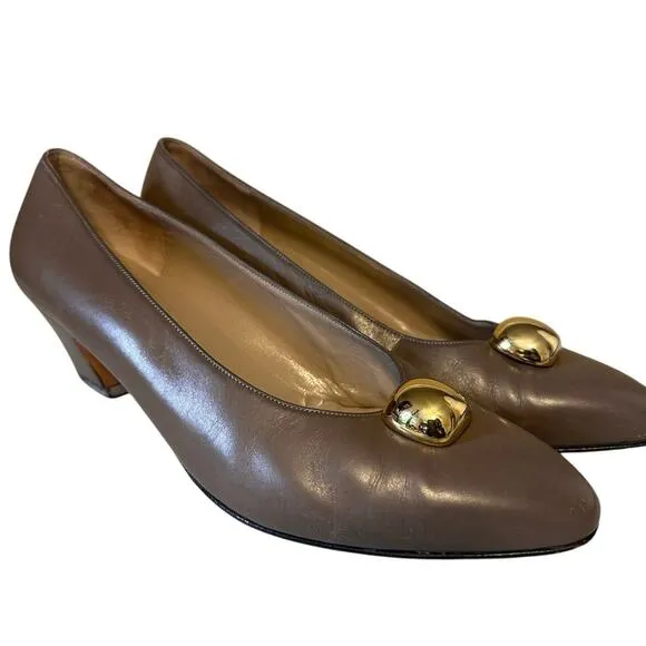 Salvatore Ferragamo Shoes Gold Beaded Block Heel Pump Taupe Women Size 8