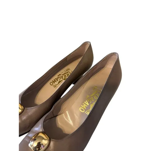 Salvatore Ferragamo Shoes Gold Beaded Block Heel Pump Taupe Women Size 8