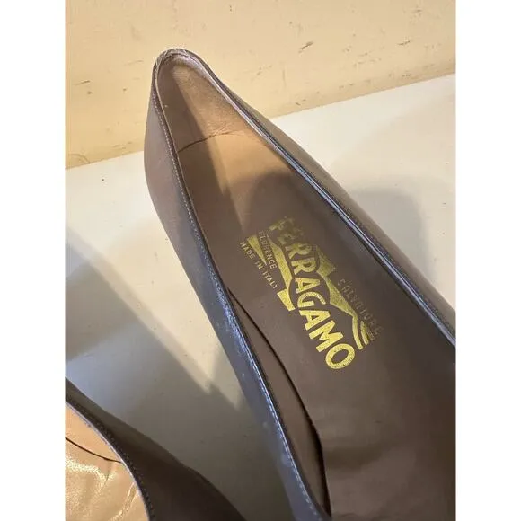 Salvatore Ferragamo Shoes Gold Beaded Block Heel Pump Taupe Women Size 8