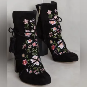 Sam Edelman Anthropologie Suede Winnie Ankle Boots Black Embroidered Size 11