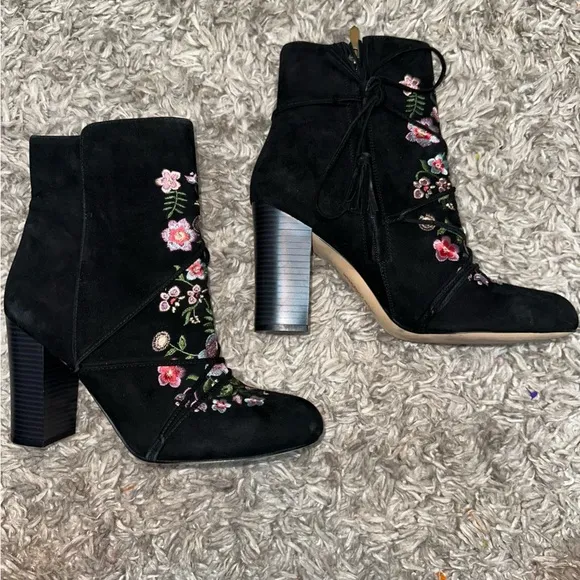 Sam Edelman Anthropologie Suede Winnie Ankle Boots Black Embroidered Size 11