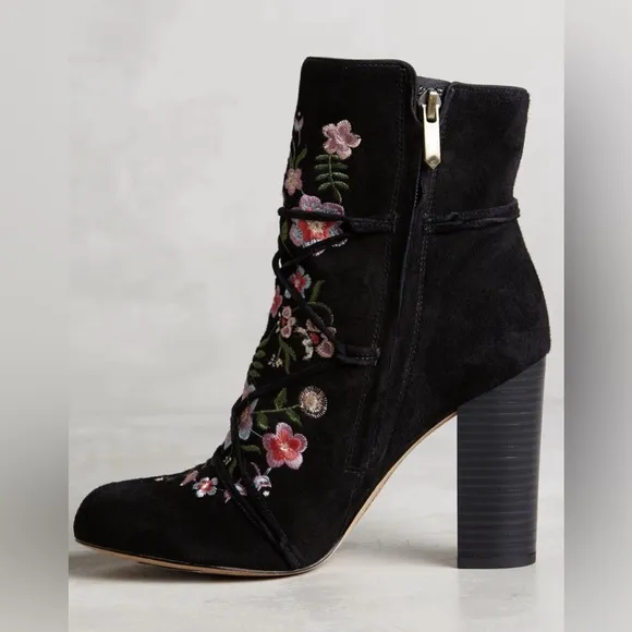Sam Edelman Anthropologie Suede Winnie Ankle Boots Black Embroidered Size 11