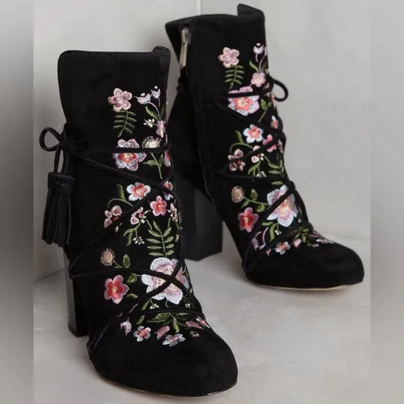 Sam Edelman Anthropologie Suede Winnie Ankle Boots Black Embroidered Size 11
