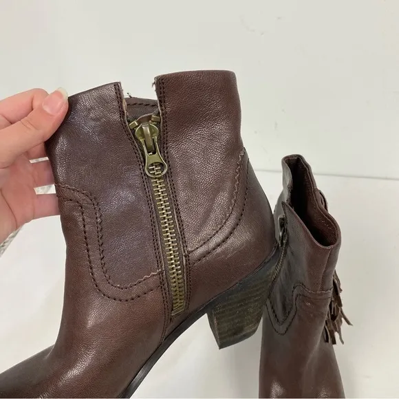 Sam Edelman Brown Louie Fringe Leather Heeled Ankle Boots Booties Western Rodeo