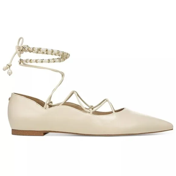 SAM EDELMAN NWT ivory winslet lace up ankle tie pointed toe leather upper flats