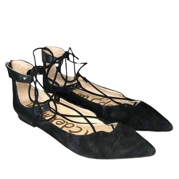 Sam Edelman Rosie Black Suede Leather Lace Up Bow Tie Flats - 8.5