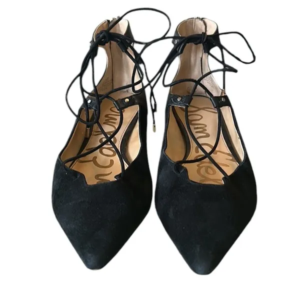 Sam Edelman Rosie Black Suede Leather Lace Up Bow Tie Flats - 8.5