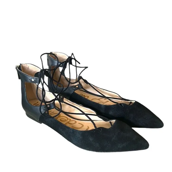 Sam Edelman Rosie Black Suede Leather Lace Up Bow Tie Flats - 8.5
