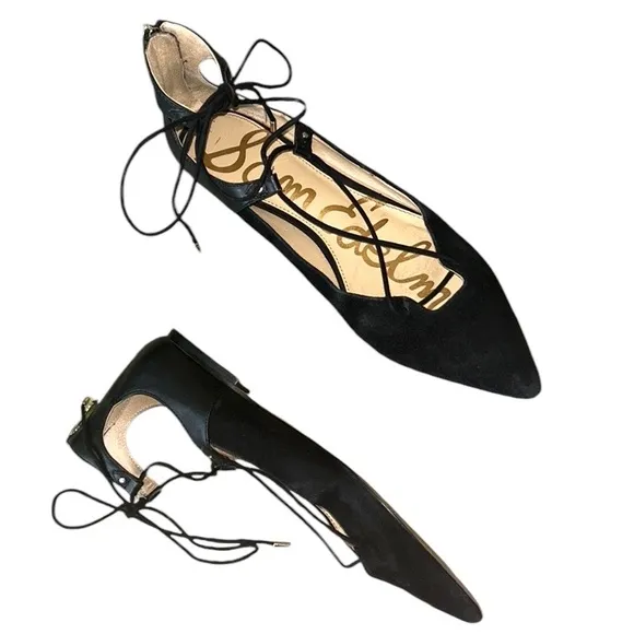 Sam Edelman Rosie Black Suede Leather Lace Up Bow Tie Flats - 8.5