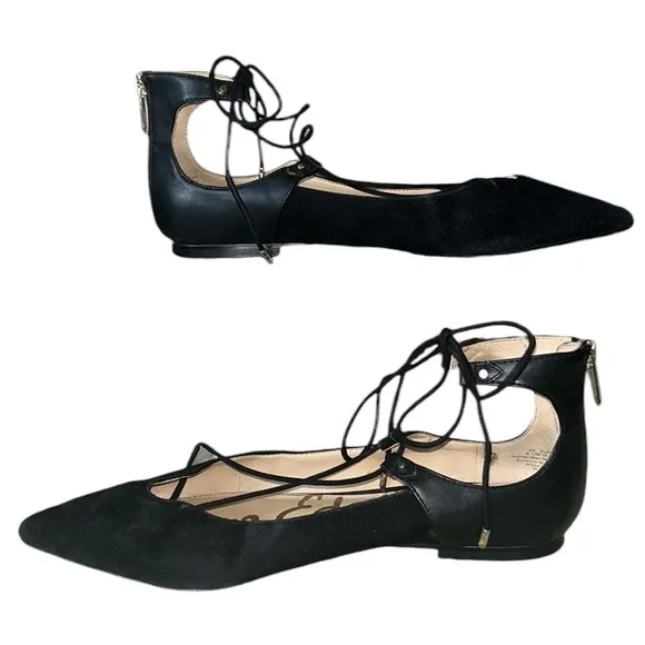 Sam Edelman Rosie Black Suede Leather Lace Up Bow Tie Flats - 8.5